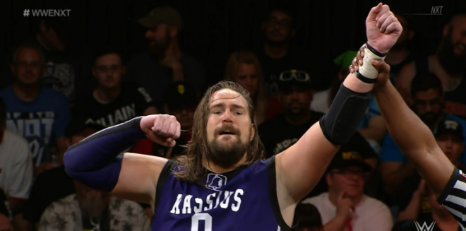 Kassius Ohno's hand is raised in victory, following his main event match against Keith Lee, on January 16, 2019's nXt show.
