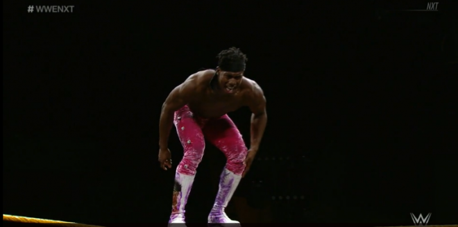 Velveteen Dream prepares to fly from the top rope on to Undisputed Era's Bobby Fish during a match on January 23rd, 2019, nXt TV.