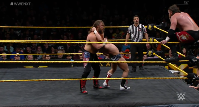 Cutler and Blake set Tyler Bate up for a double team manoeuvre during their Dusty Classic Semi-Final Match on March 13, 2019.