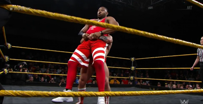 Bate deadlifts Dawkins for a German suplex. Impressive.