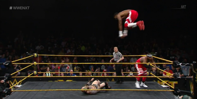 Sky high frog splash from Montez Ford on War Raider Rowe to open up their non-title match on Apr 24 nXt.