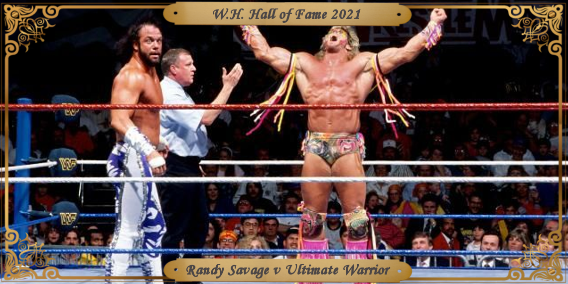 Savage at left, stands with his hands on his wrestling pants with referee Earl Hebner behind him pointing at the Ultimate Warrior whose arms are lifted up as he cries out to the sky.