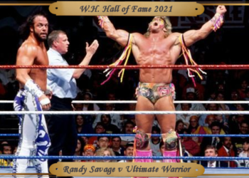 Savage at left, stands with his hands on his wrestling pants with referee Earl Hebner behind him pointing at the Ultimate Warrior whose arms are lifted up as he cries out to the sky.