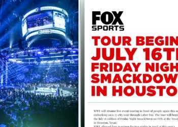 A shot of the Smackdown show with fans in the arena, adjacent is a note from Fox Sports on the welcome back to live fans tour resuming July 16th, Friday Night Smackdown, in Houston, Texas.