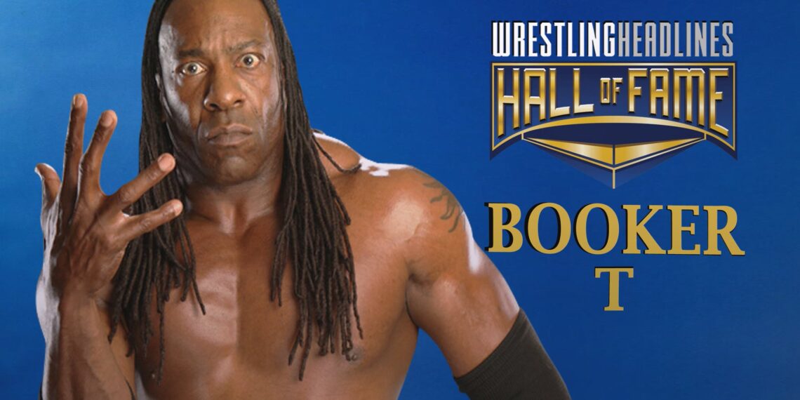 Booker T glares at the camera with a serious face, holding up his right hand with fingers and thumb outstretched to show "5-time champion". He is shirtless and wearing his hair in dreadlocks that drape over his pec muscles.