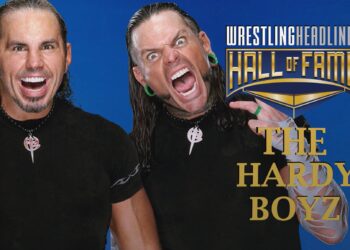Matt on left, Jeff on right. Both brothers are wearing their stylized H 3 necklaces, and black t-shirts. Matt is smiling with his mouth open and Jeff looks like he is shouting with eyes bulging and teeth bared.