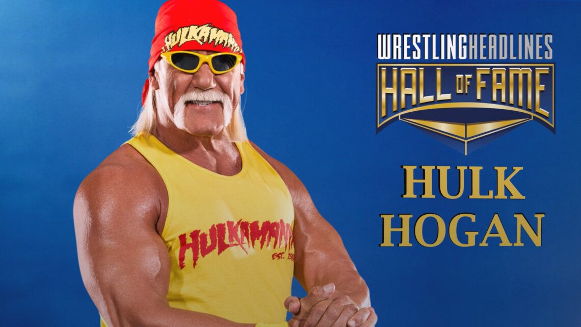 Hulk Hogan is wearing his red "Hulkamania" bandana, yellow framed sunglasses and trademark moustache. He has his fingers locked together in front of his abdomen to show off his bicep muscles. He is wearing a yellow "Hulkamania" tank top.