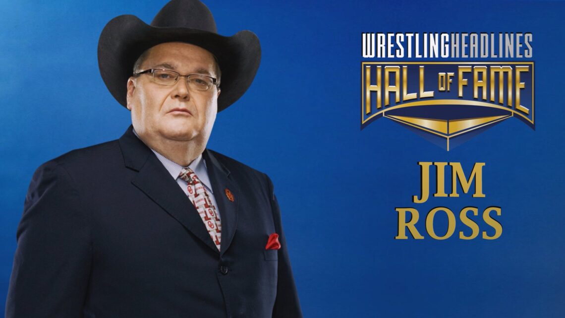 Jim Ross wears his trademark black cowboy hat, thin-framed glasses and a navy suit with red pocket square.