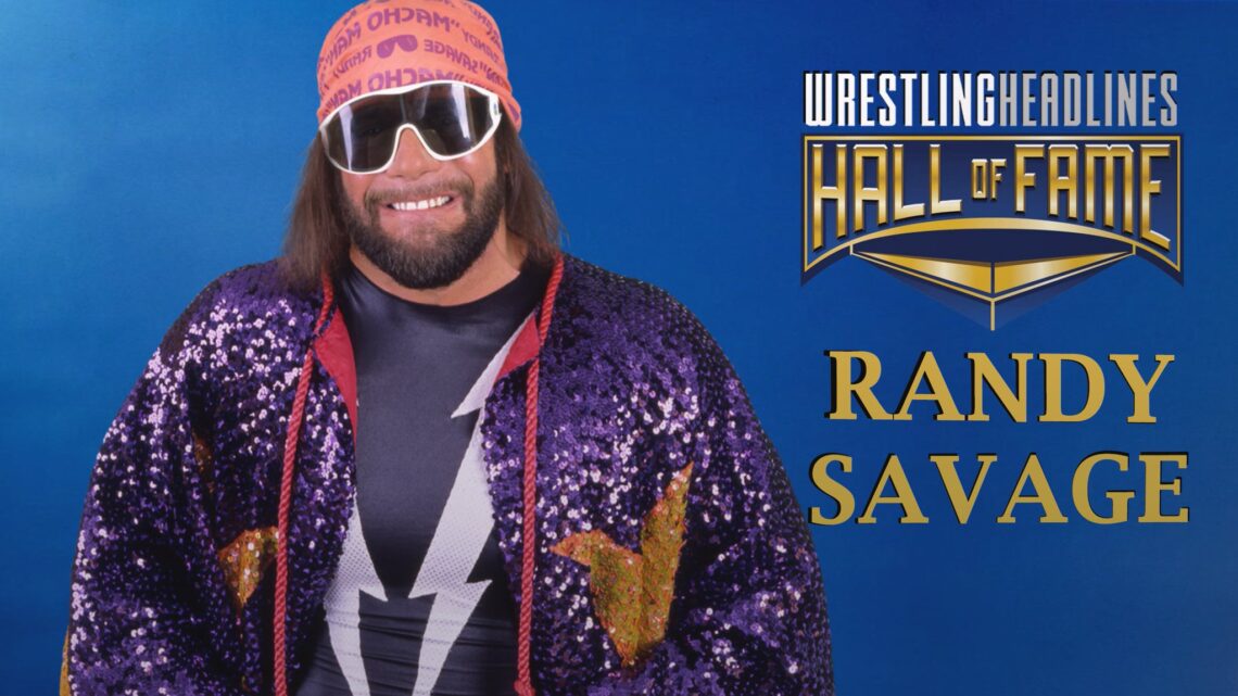 Savage is wearing a pink bandana with the words "Macho Man" Randy Savage repeated on it in horizontal lines. He is wearing large sunglasses that cover the entire upper part of his bearded face. He is wearing a purple sequined robe with gold and rose trim.