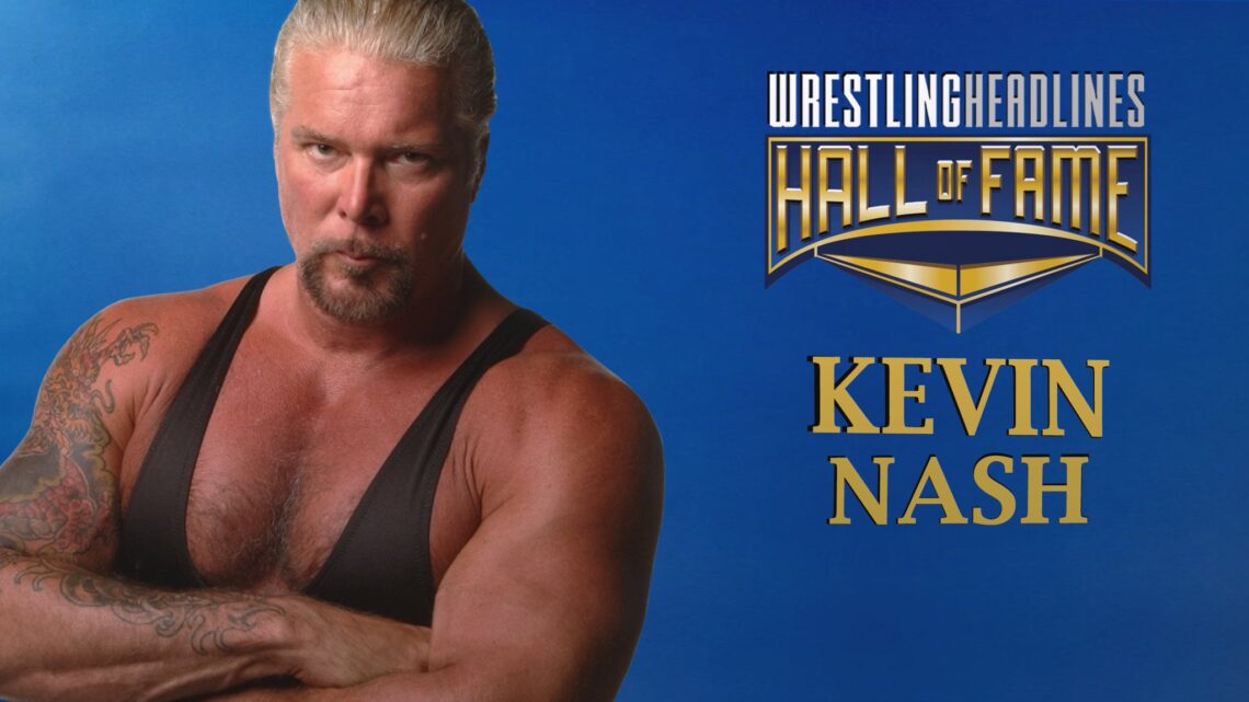 This is a picture of Kevin Nash very late in his career with white hair tied back in a ponytail and a brown-grey goatee on his face. He has his arms crossed over a black tank top.