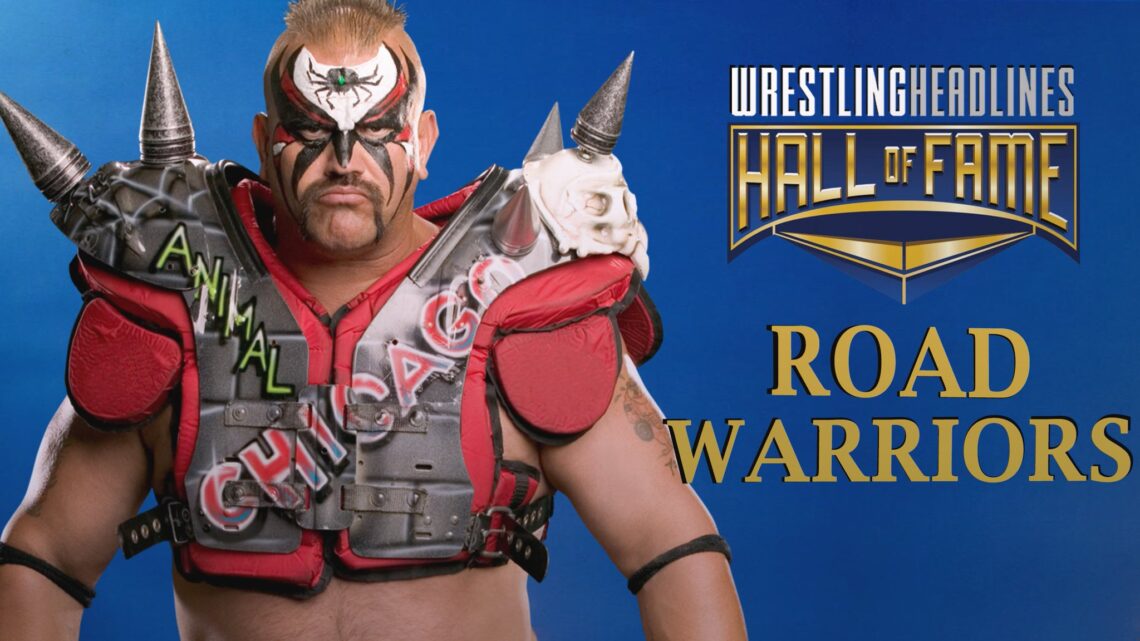 Animal is wearing the trademark Road Warrior football shoulder pads with faux spikes on the shoulders and a spray-painted grey brick wall pattern, with two words "Animal" and "Chicago" painted on top of that. Animal has a painted black spider on his forehead and a white, black and red curved pattern painted around his eyes and cheeks.