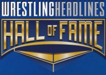 This is the Wrestling Headlines Hall of Fame logo. In thin capital letters, it reads "Wrestling Headlines". Underneath, in a metallic gold font, with letters that are larger on either side reads "Hall of Fame", with a blue background.