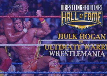 From mid-match, Hogan has Warrior in a side headlock, as Warrior is pumping his arms, kneeling on one knee, to power out.