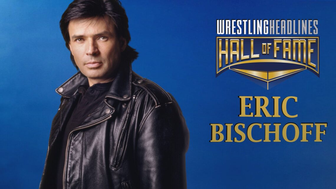 Eric Bischoff, circa 1997, wearing his black leather jacket and mullet, turned diagonally to the left. On a blue background, with his name and the Wrestling Headlines Hall of Fame logo in gold on the right.