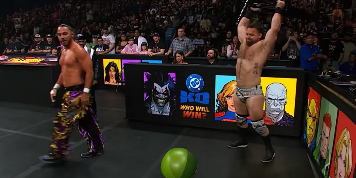 Cash Wheeler of FTR delivers chair shot to a beach ball on AEW Collision (10/25/2025) | Source: AEW