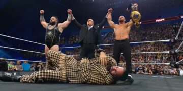 Bron Breakker poses with the world heavyweight championship alongside Paul Heyman and Bronson Reed. Breakker and Reed turned on Seth Rollins during the Oct. 13, 2025 Raw. | Source: WWE YouTube