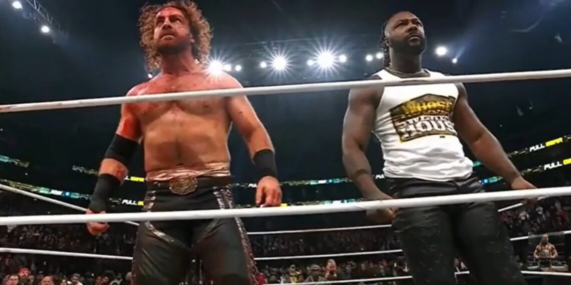 Rivals Hangman Page and Swerve Strickland stood side by side to fight off new champion Samoa Joe and the Opps. Page lost the AEW championship to Joe after Hook interfered during their steel cage main event at Full Gear 2025. | Source: AEW