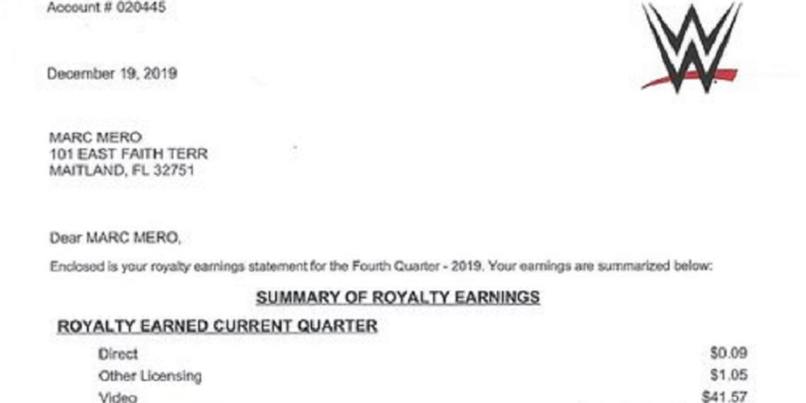 WWE Royalty Check Statement | Source: Marc Mero on X