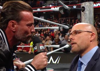 CM Punk and WWE Raw General Manager Adam Pearce | Source: WWE