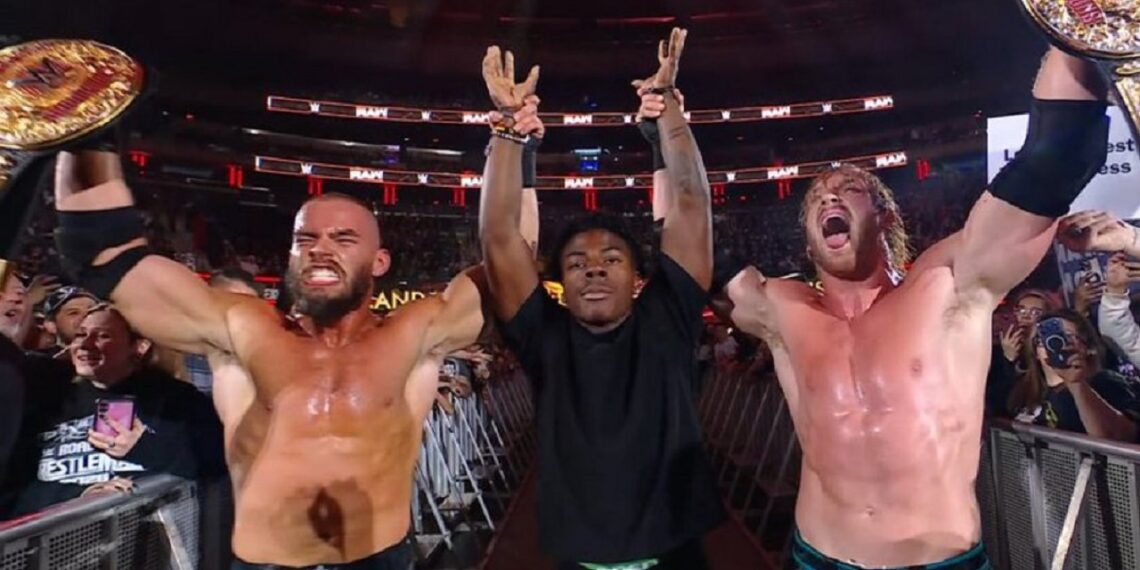 IShowSpeed celebrates with new Tag-Team Champions Austin Theory and Logan Paul on Raw at MSG | Source: WWE