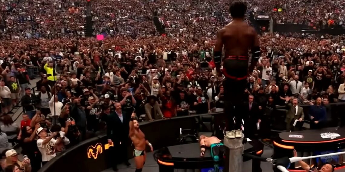 iShowSpeed hits a splash off the top of the ring post through a table to Logan Paul at WrestleMania 42 | Source: WWE