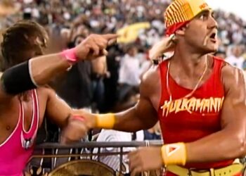 Bret "The Hitman" Hart & Hulk Hogan at WrestleMania 9 | Source: ProWrestlingStories.com