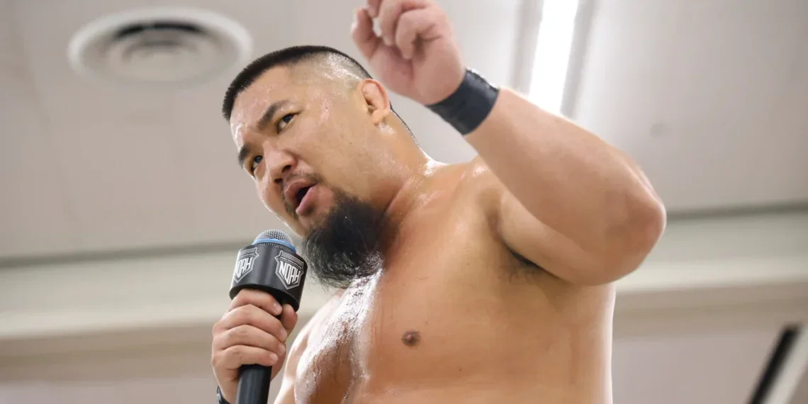 Masa Kitamiya speaks after a Pro Wrestling NOAH match