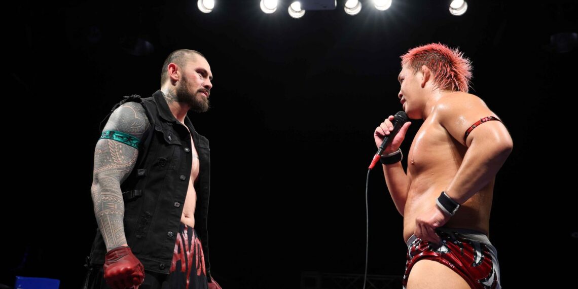 Ryuki Honda confronts Xyon after the AJPW Odo Tournament main event
