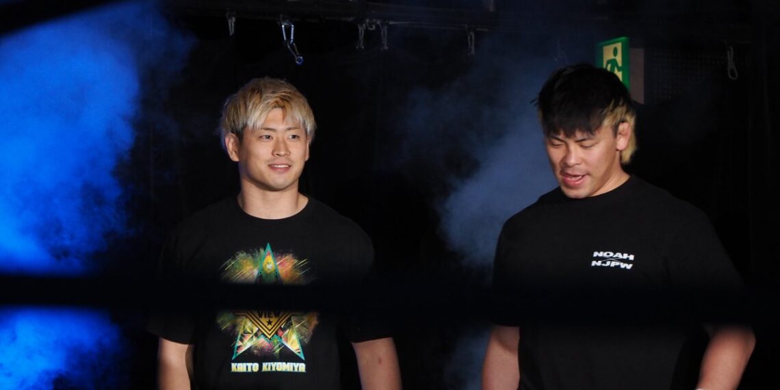 Kaito Kiyomiya, left, stands beside Ryohei Oiwa at a 2024 NOAH event