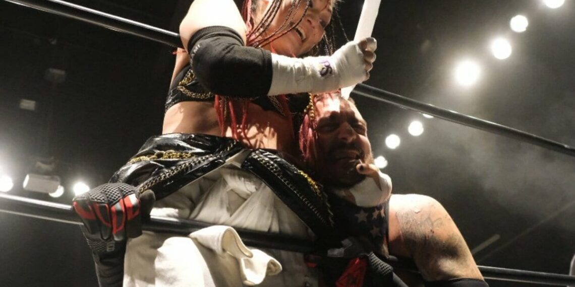 Rina Yamashita applies a hold during a wrestling match
